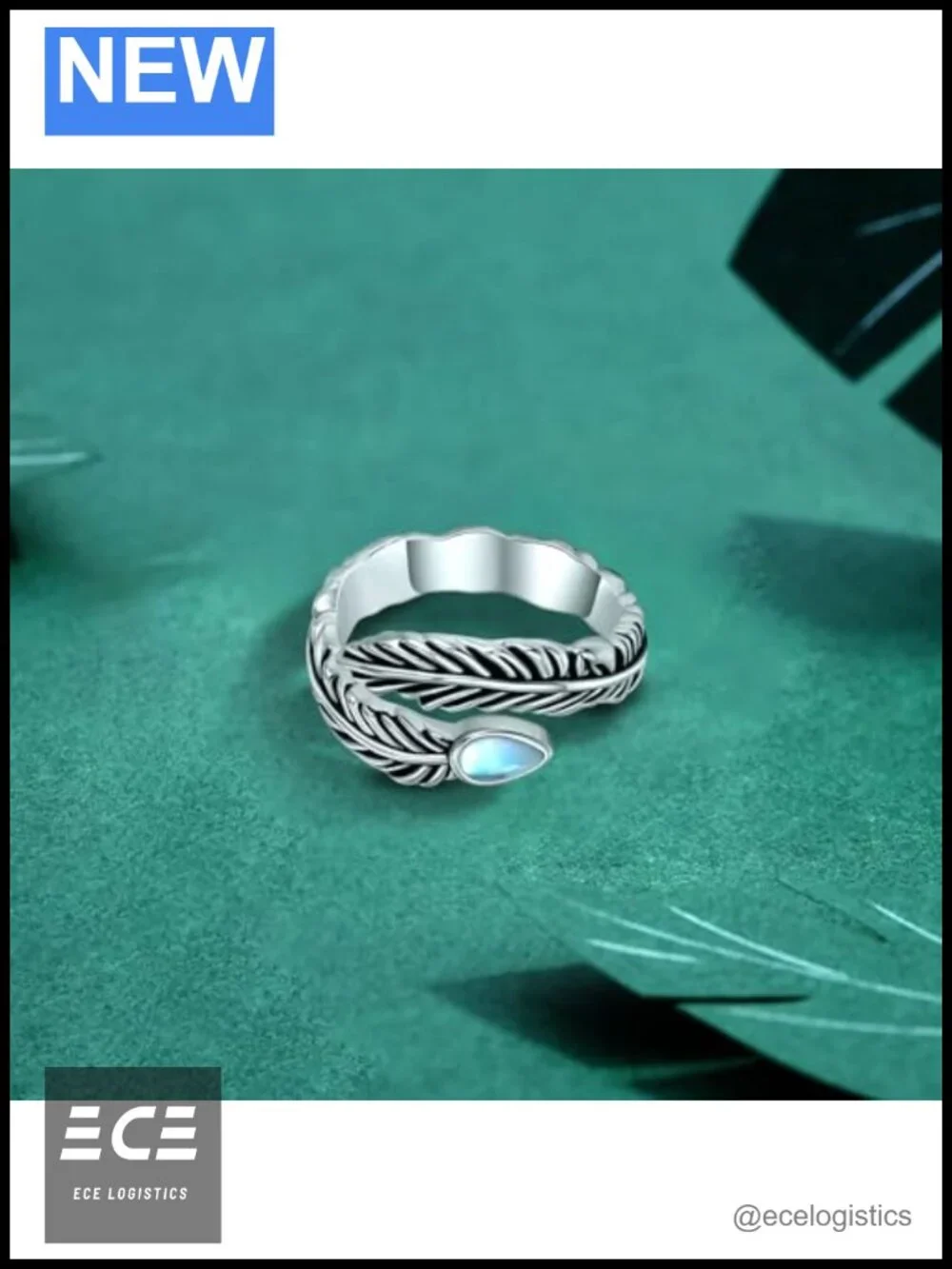 Sterling Silver Moonstone Adjustable Feather Ring S925